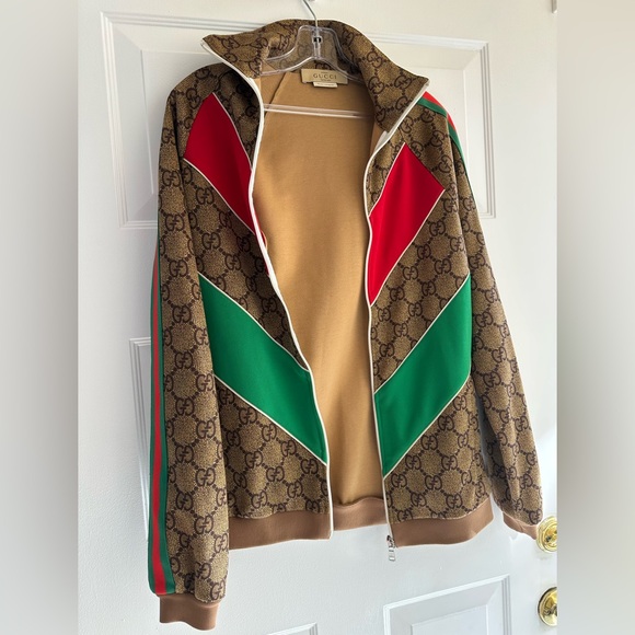 Gucci Brown GG Logo Jacket with Red and Green Stripes